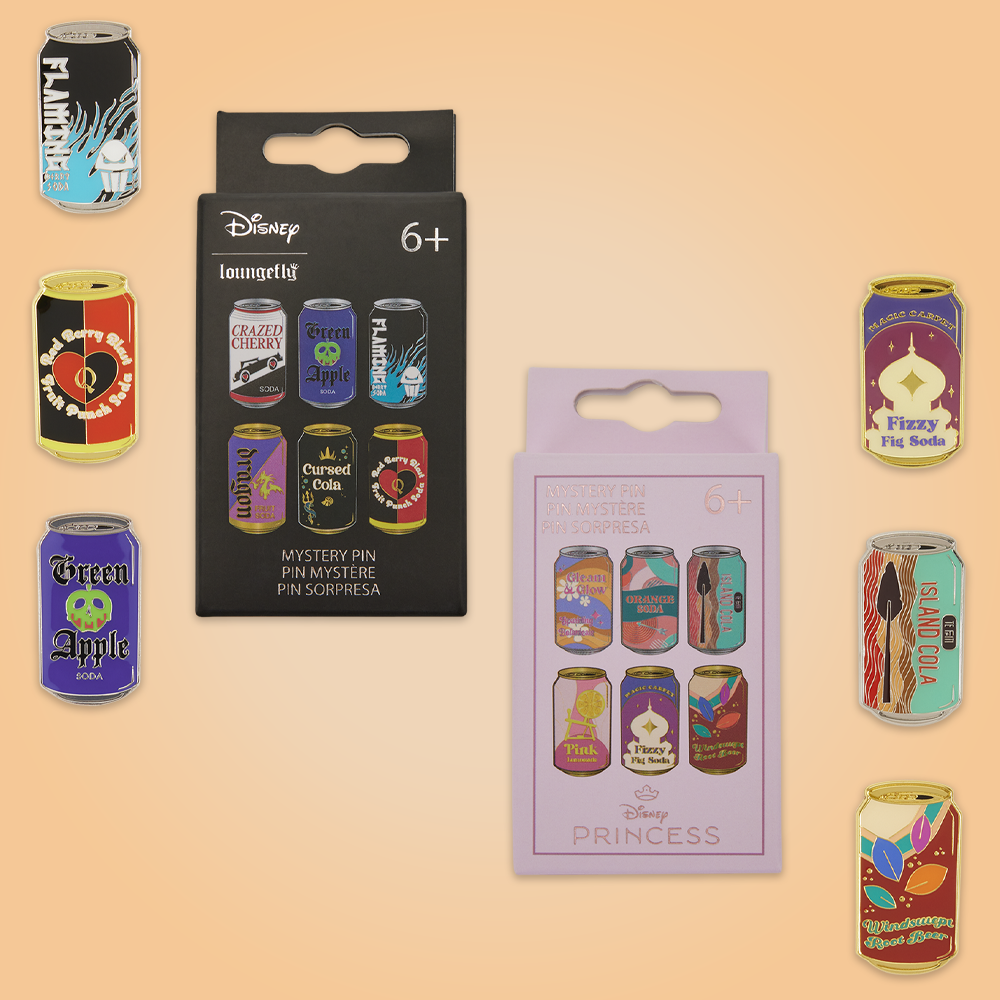 Tan background showcasing Loungefly Disney Villains and Princesses Soda Can Mystery Pin sets