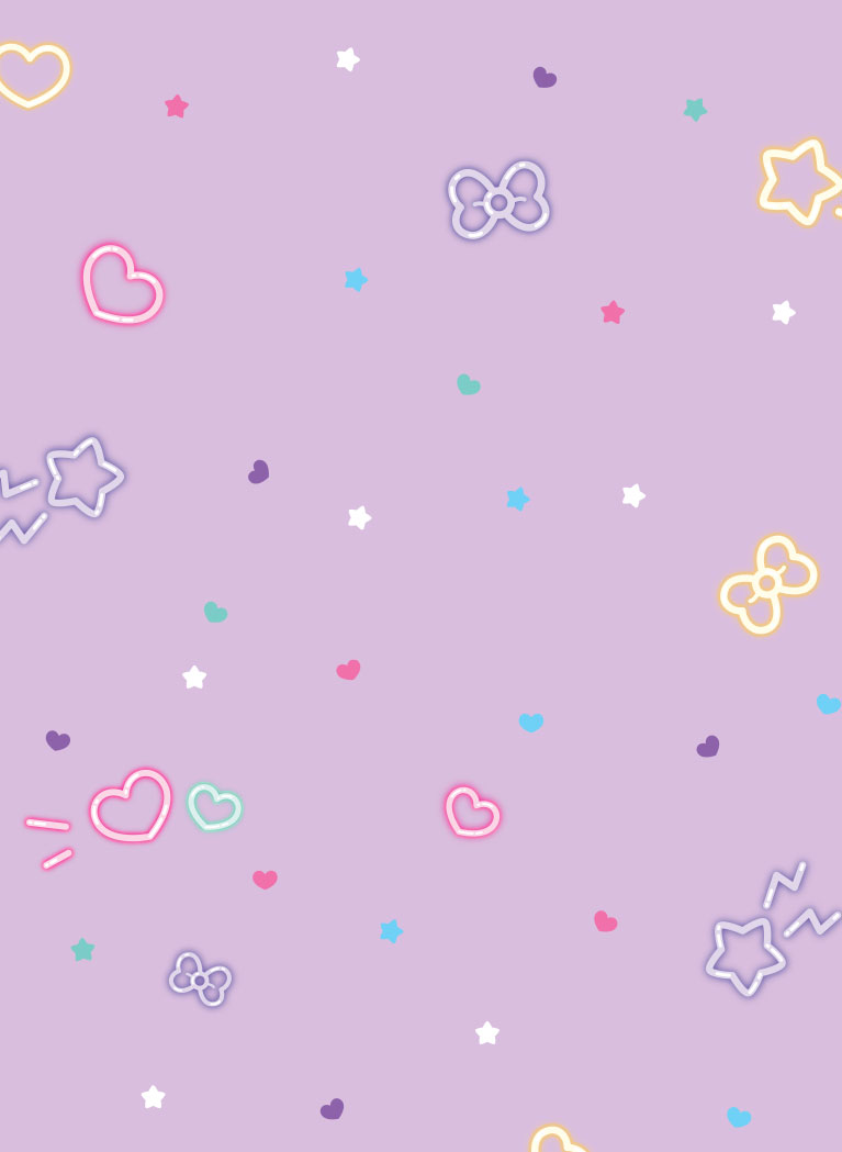 Light Purple background with neon hearts, bows, and stars