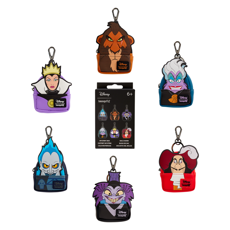 image of all six Loungefly Disney Villains Cosplay Mystery Mini Backpack Keychain Charms featuring Scar, Ursula, Captain Hook, Yzma, Hades, and the Evil Queen surrounding the box each comes in.