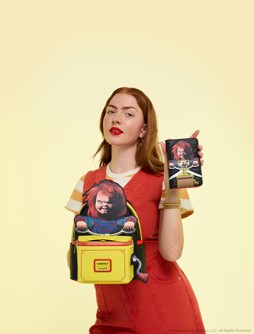 Yellow background with model showcasing Loungefly August Chucky collection