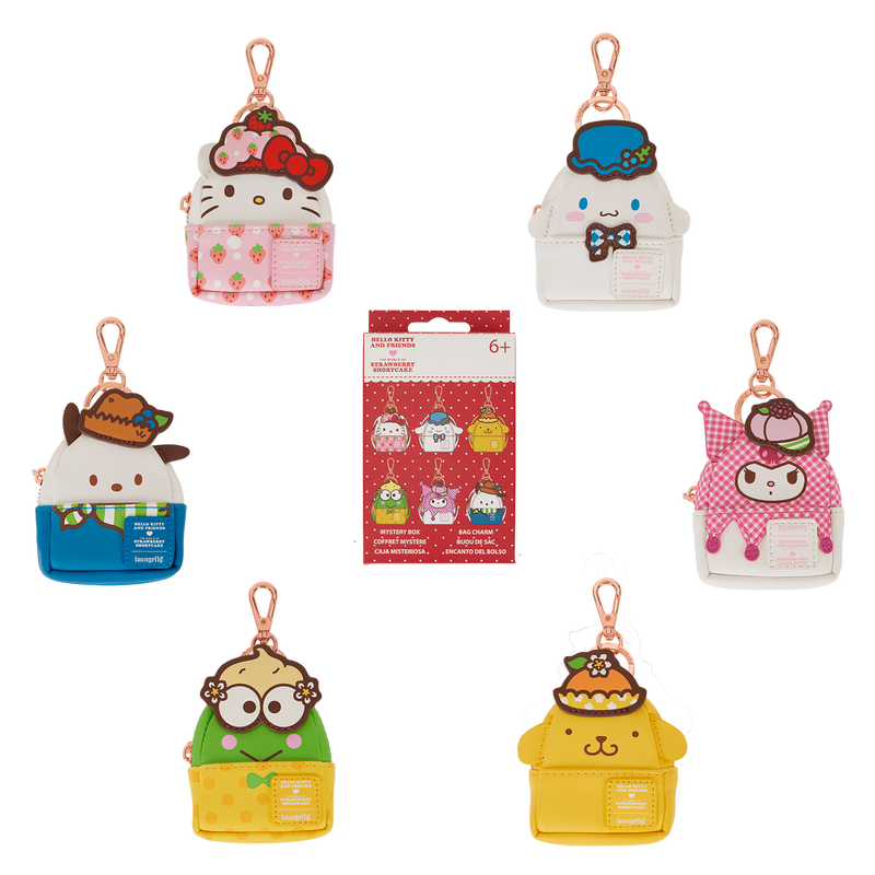 image of the Loungefly Sanrio Hello Kitty & Friends x Strawberry Shortcake Mini Backpack Keychain Charms surrounding the packaging they come in. You’ll find Hello Kitty and Cinnamoroll at the top, Pochacco and Kuromi on the left and right, and Keroppi and Pompompurin at the bottom.