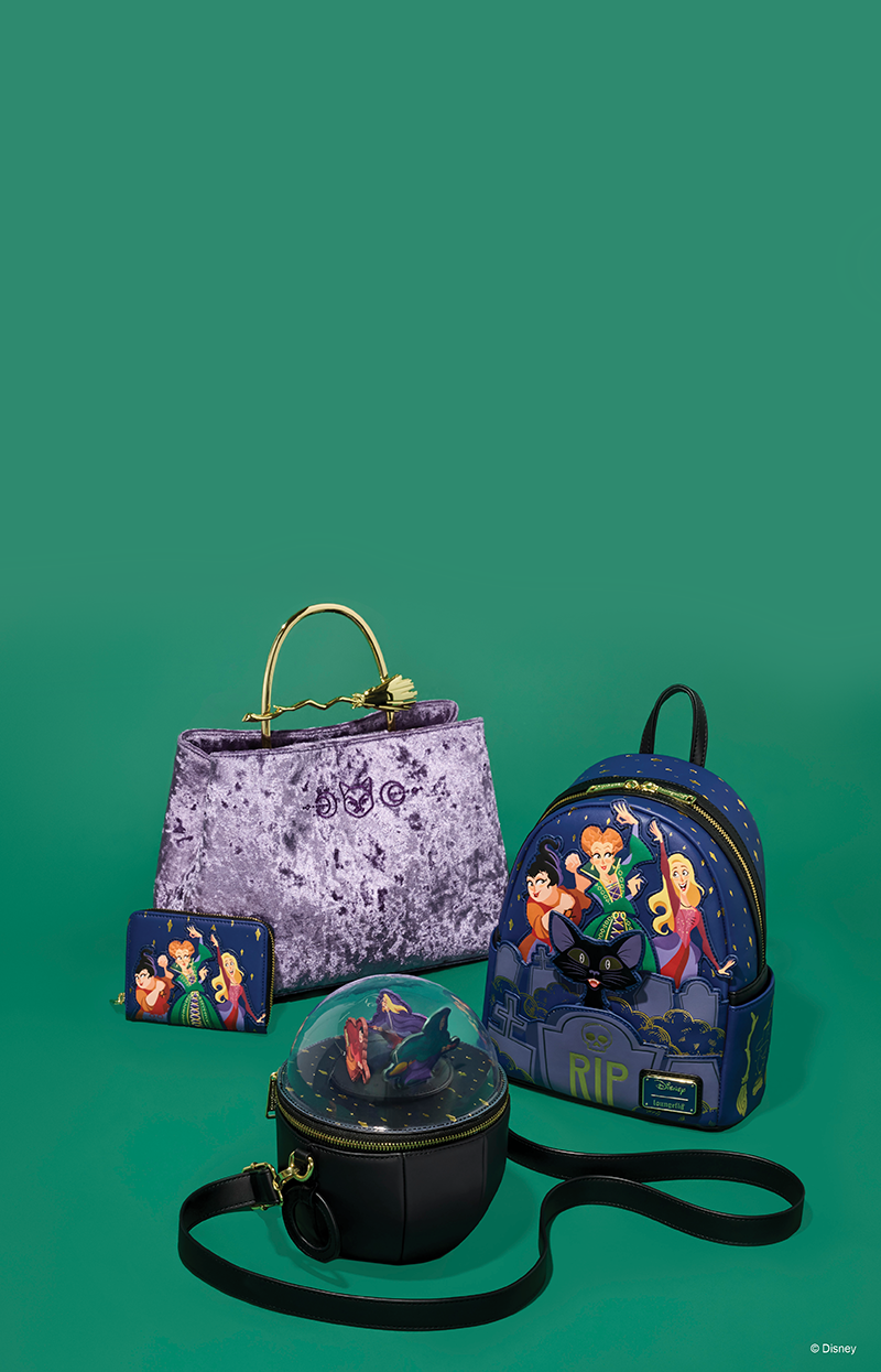Dark Green background featuring Loungefly Disney Hocus Pocus collection
